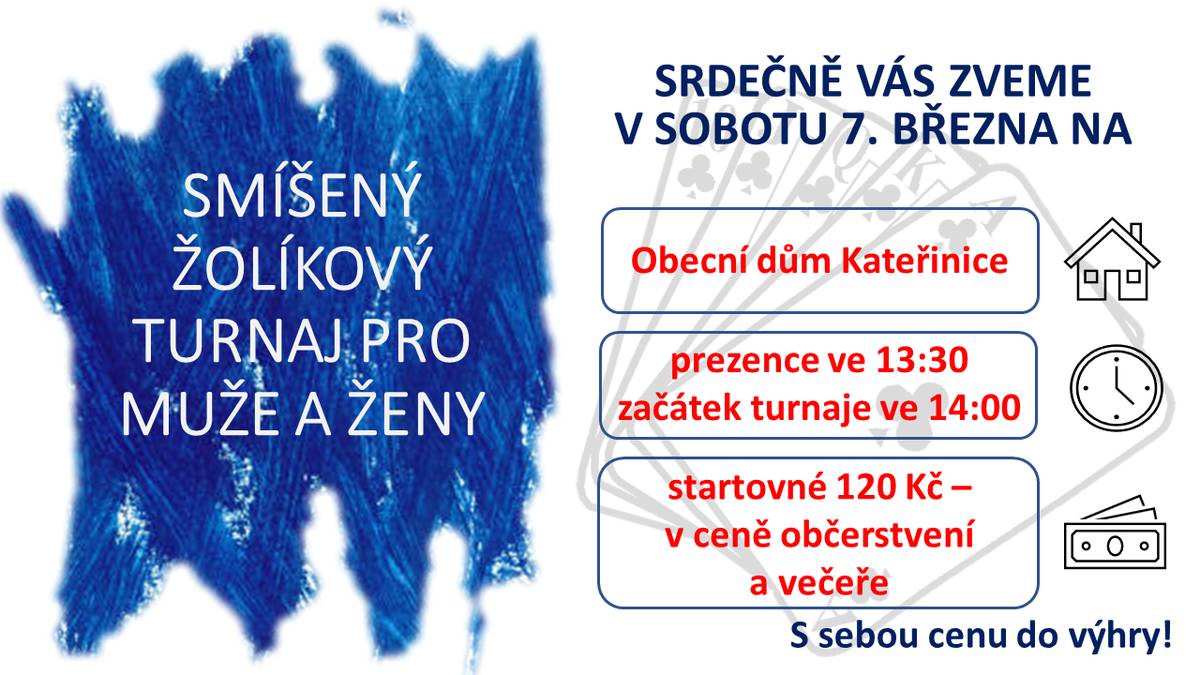 V sobotu 7. března se v Obecním domě Kateřinice uskuteční smíšený Žolíkový turnaj.