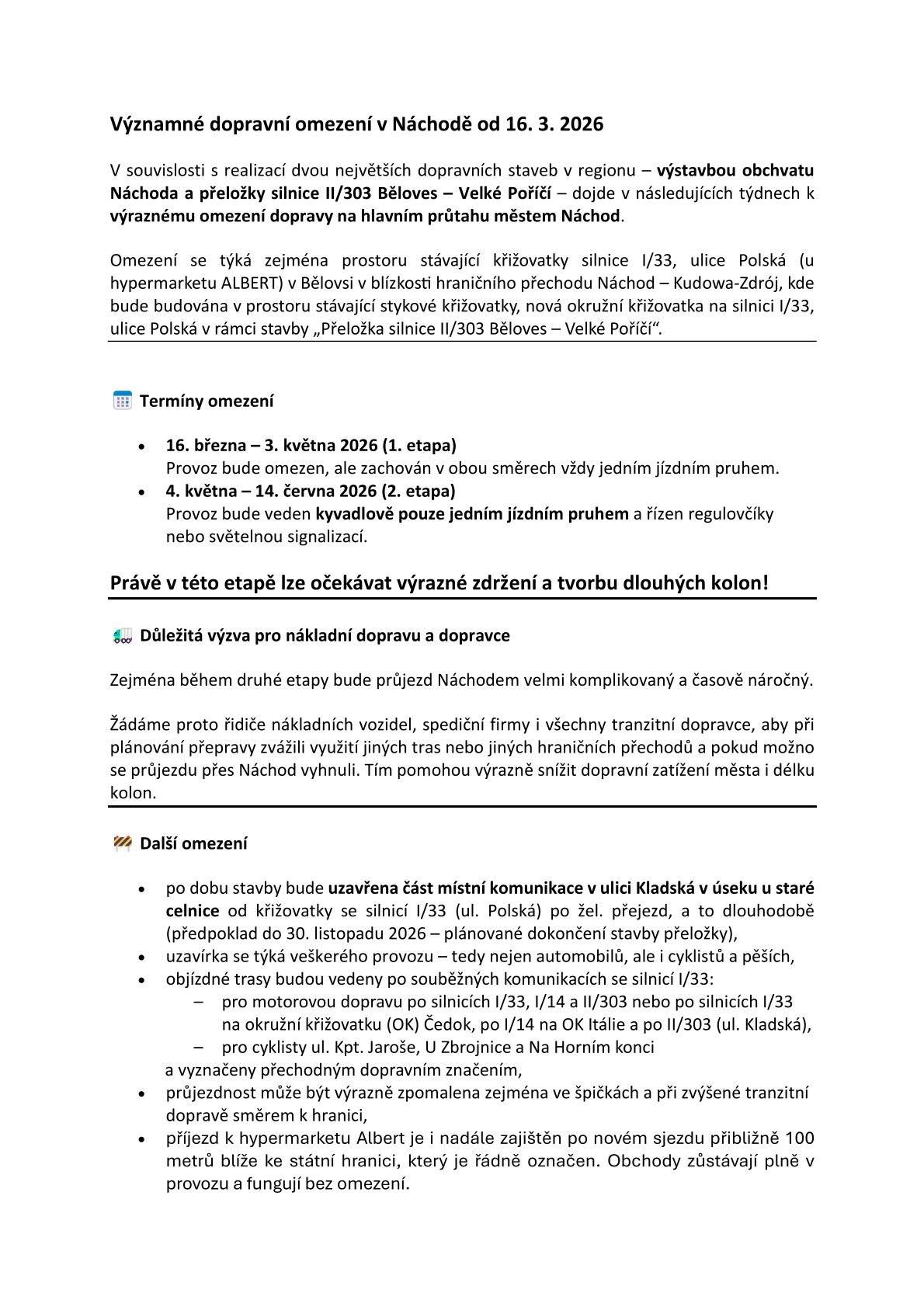 Vážení přátelé, dnes Vám přinášíme informace o omezeních dopravy v Náchodě, které nastanou od 16.3.2026🚦. Přejeme pohodový víkend🌞. #obecprovodovsonov #aktuality