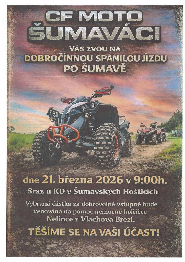 Aktéři zvou k dobročinné spanilé jízdě s dobrovolným vstupným, které bude věnováno na pomoc nemocné Nelince z Vlachova Březí