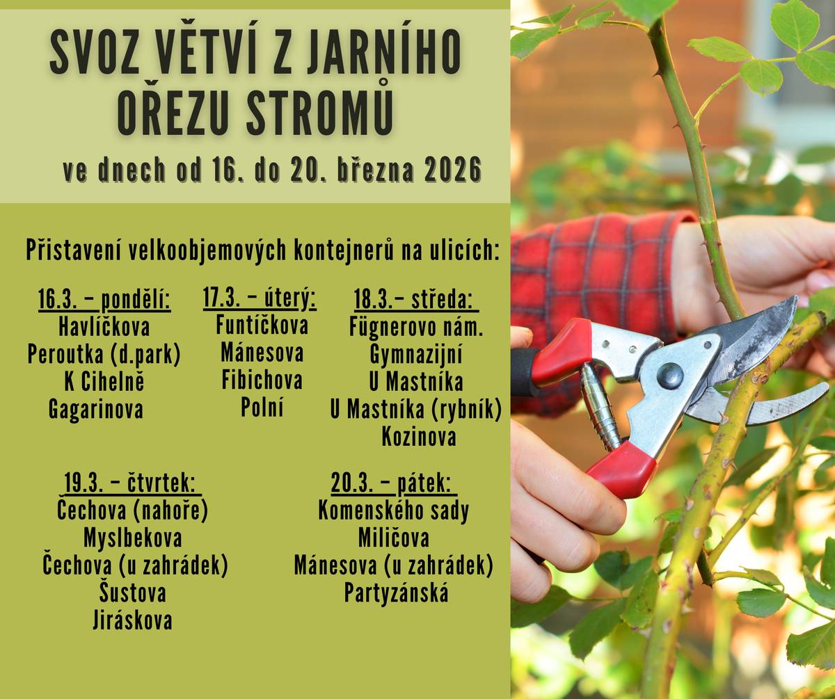 Svoz bude v Moravských Budějovicích proveden ve dnech 16. - 20. března 2026 prostřednictvím přistavení velkoobjemových kontejnerů. Svoz bioodpadu (z plastových popelnic označených nálepkou "BIOODPAD") bude zahájen ve čtvrtek 12. března 2026 a následně bude prováděn každý týden ve čtvrtek.