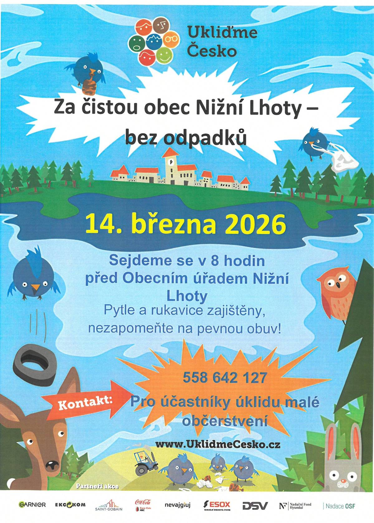 Nikomu z nás by nemělo být lhostejné, v jakém prostředí žijeme. Žádáme dobrovolníky, kteří mají zájem se zapojit do akce „Ukliďme Česko“, aby přišli v sobotu 14. března 2026 v 8:00 hodin k Obecnímu úřadu Nižní Lhoty. Každý účastník obdrží rukavice, pytle na odpad a bude seznámen s bezpečnostními pravidly. Akci ukončíme již tradičně malým občerstvením.