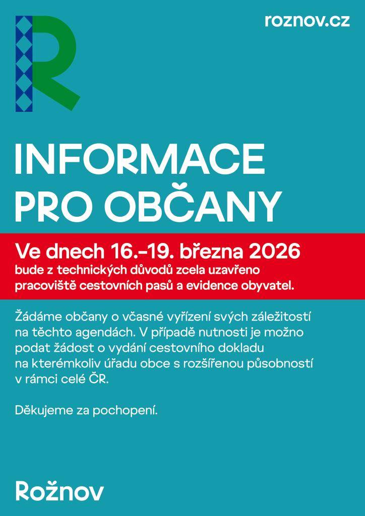 Dočasné uzavření pracoviště cestovních pasů a evidence obyvatel.