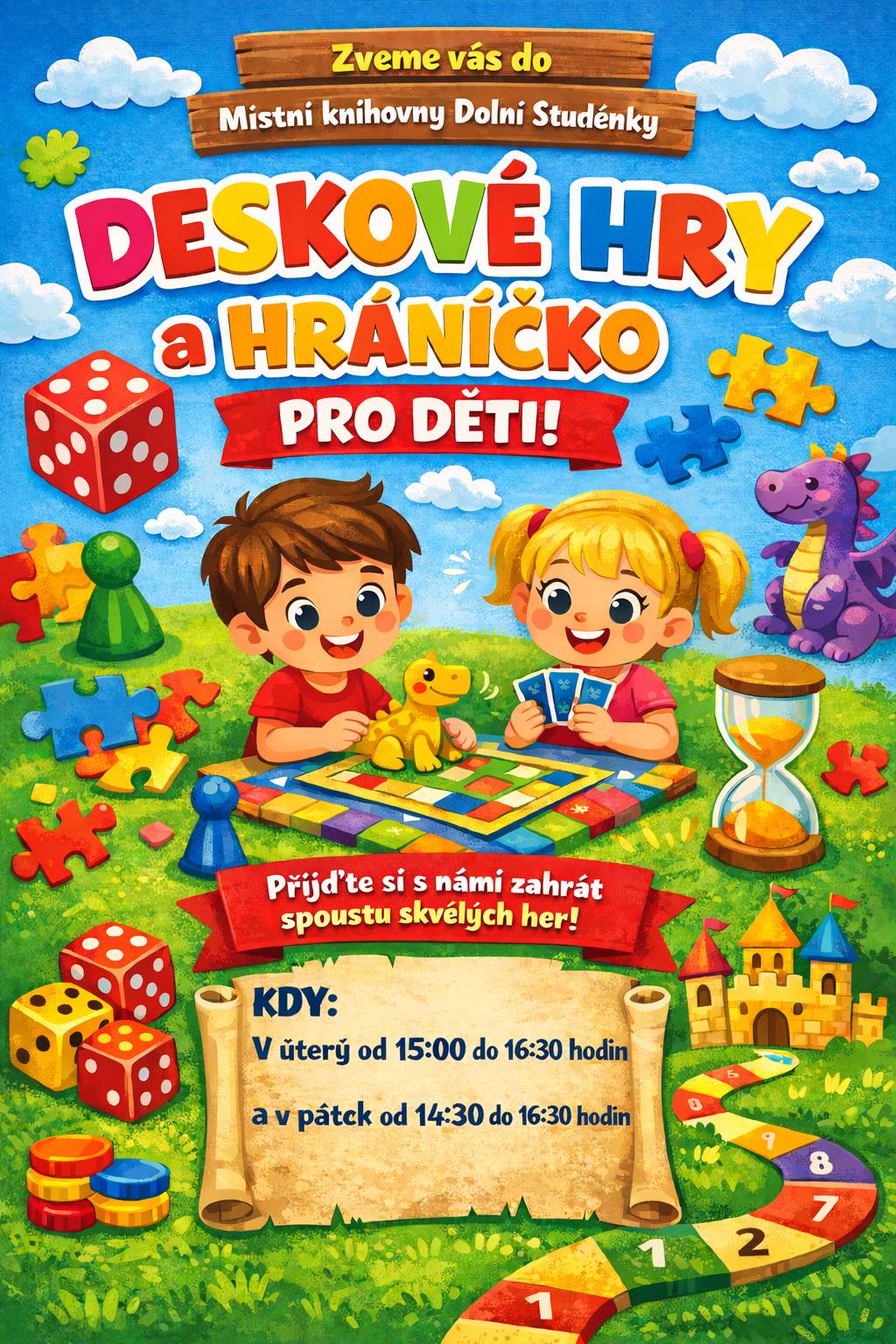 Místní knihovna Dolní Studénky zve všechny rodiče a děti                  do knihovny v půjčovní době knihovny.  V knihovně je dětský koutek se spostou hraček a deskových her.  Přijďte si s námi zahrát spoustu deskových her!