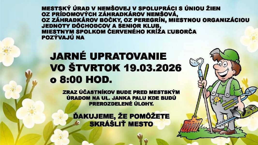 🌷S príchodom jarných mesiacov... 🤝sme sa, ako každoročne, v spolupráci s miestnymi združeniami rozhodli vydať do ulíc a prispieť tak k skrášleniu Nemšovej...  📅Vo štvrtok 19.3.2026 sa stretneme pred mestským úradom, rozdelíme si úlohy a spoločnými silami zahájime revitalizáciu verejných priestranstiev...  🙏Každý záujem a iniciatíva sú vítané...