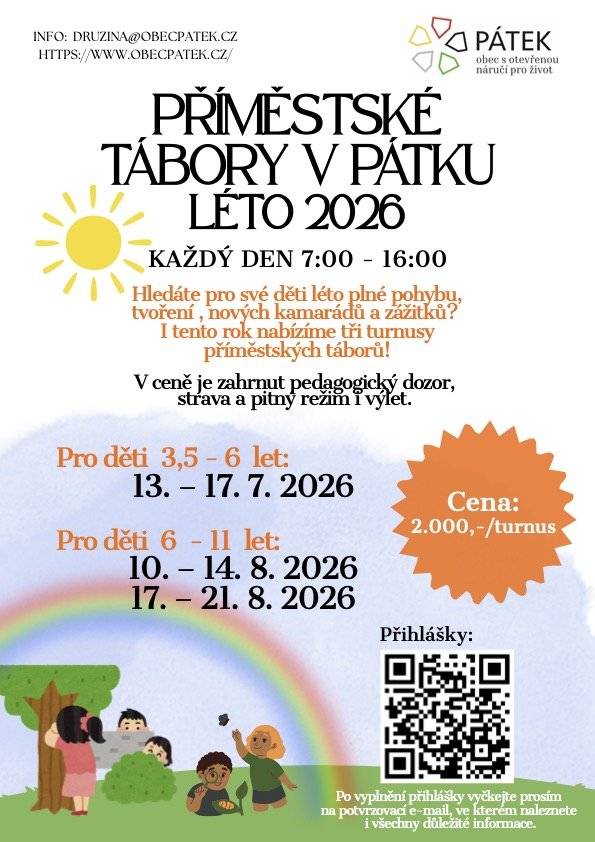 Obec Pátek pořádá letní příměstské tábory pro děti ve Spolkovém domě v Pátku. Více informací je uvedeno v příloze.
