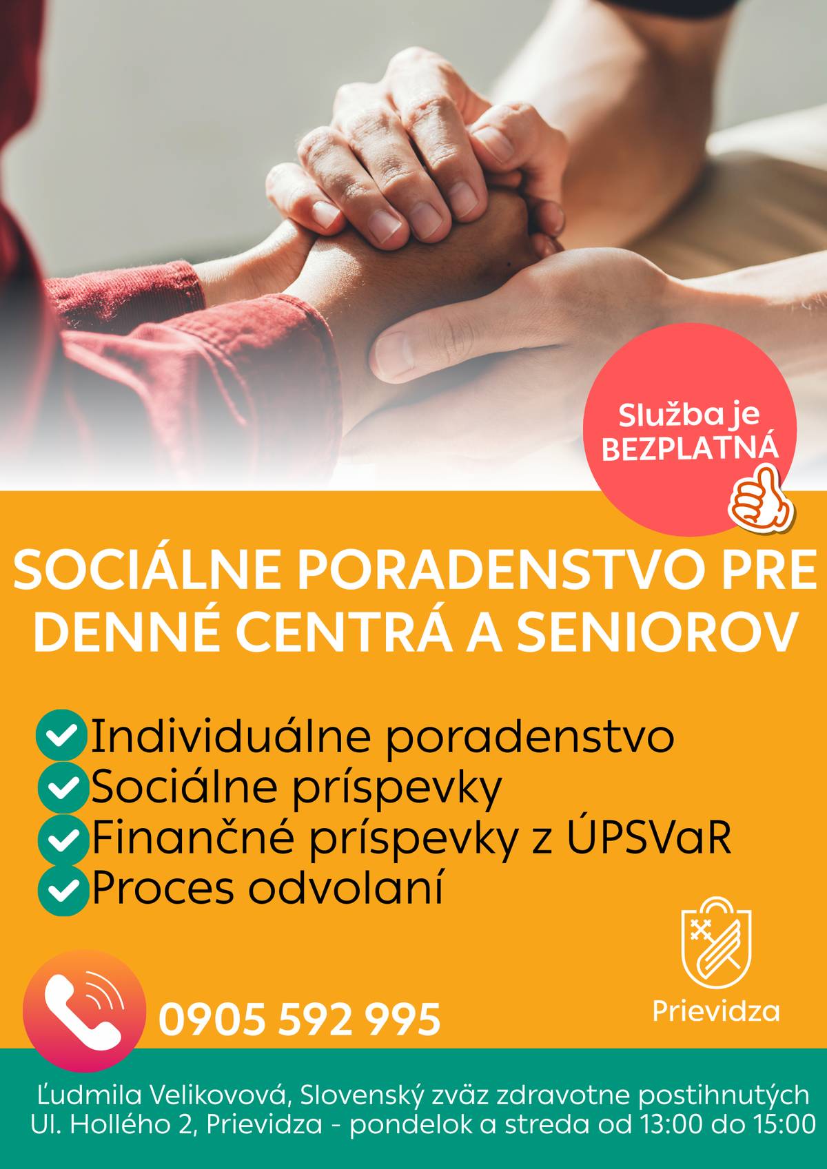 Mesto Prievidza poskytuje bezplatnú pomoc a poradenstvo pre všetkých seniorov z mesta Prievidza, ktorí potrebujú pomoc alebo radu pri riešení rôznych životných situácií. Obrátiť sa môžete najmä v oblasti:    Individuálne poradenstvo Sociálne príspevky Finančné príspevky z ÚPSVaR Proces odvolaní    Cieľom služby je pomôcť seniorom zorientovať sa v možnostiach podpory a uľahčiť im vybavovanie potrebných záležitostí.   Poradenstvo sa poskytuje v pondelok a stredu od 13:00 do 15:00 hod. Hollého 2, Prievidza   Viac informácií: 0905 592 955     Neváhajte využiť túto bezplatnú službu.