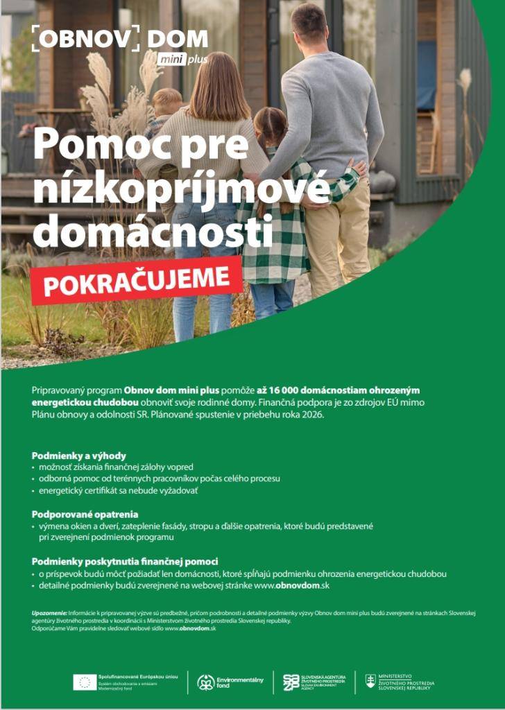 Slovenská agentúra životného prostredia  v spolupráci s mestom Hurbanovo organizuje stretnutie k pripravovanej výzve Obnov dom mini plus, ktorá bude pokračovaním úspešného programu Obnov dom mini.