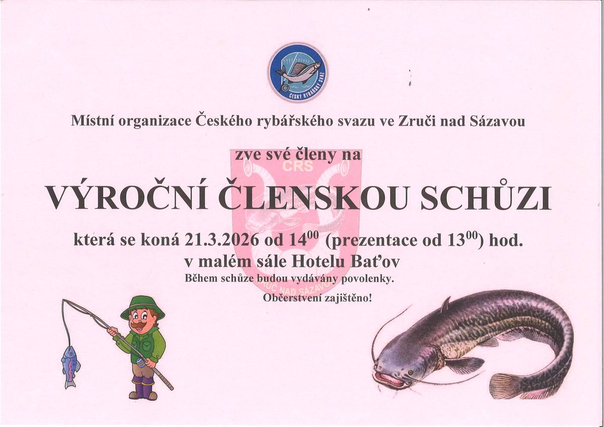 Místní organizace Českého rybářského svazu zve na výroční členskou schůzi, a to v sobotu 21. 3. 2026 od 14 hodin na Hotelu Zruč.
