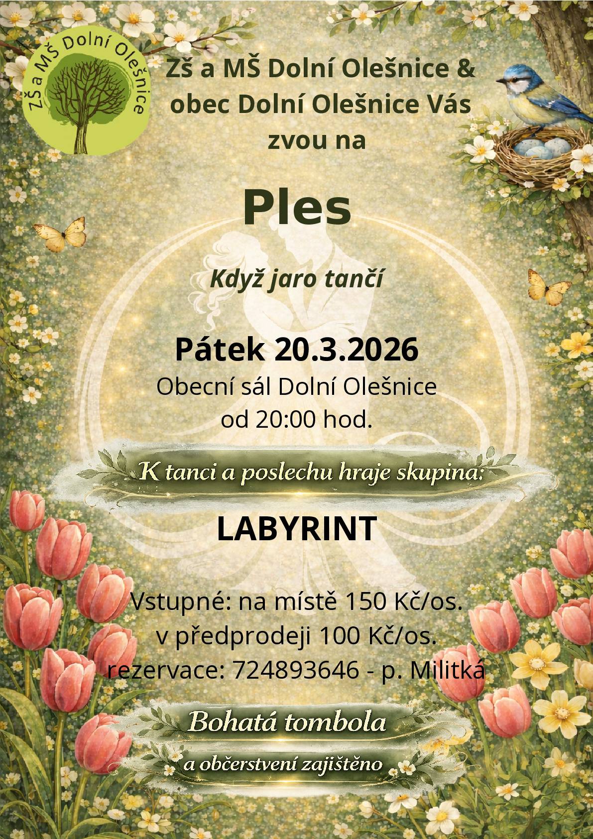 V pátek 20.3.2026 od 20 hodin se v KD Dolní Olešnice koná ples "Když jaro tančí" pořádaný ZŠ, MŠ a obcí Dolní Olešnice. K tanci a poslechu hraje skupina LABYRINT. Vstupné v předprodeji 100 Kč (na místě 150 Kč). Bohatá tombola a občerstvení zajištěno.