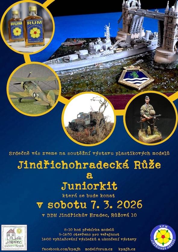 Klub plastikových modelářů Jindřichův Hradec pořádá v sobotu 7.  3.  2026 jedenáctý ročník výstavní soutěže „Jindřichohradecká růže“, což je soutěž seniorských modelářů, a dvacátý první ročník soutěže „Juniorkit“, určené modelářům z řad dětí a mládeže do 18 let.