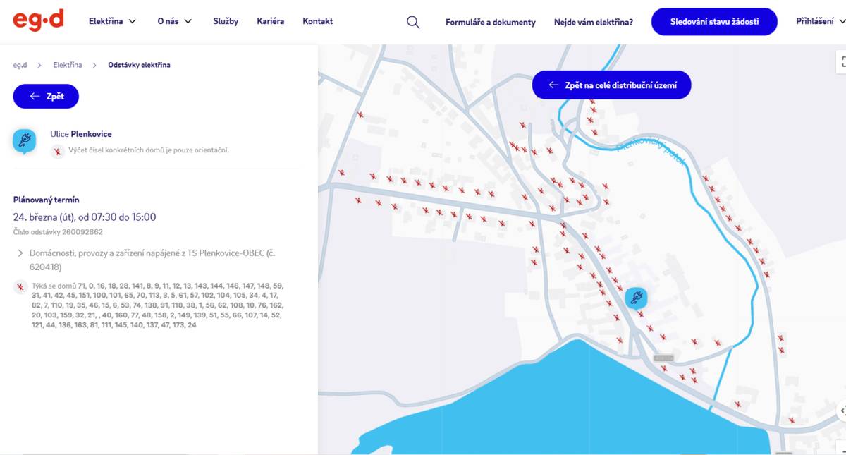 Odstávka č. 260092862 24.3.2026 od 7:30 do 15:00   Vypnutá oblast: Domácnosti, provozy a zařízení napájené z TS Plenkovice-Obec.