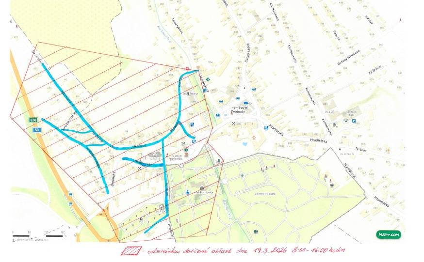 - ve čtvrtek 19.3.2026 v době 8 - 16h v ulicích Brněnská, Kostelní, Hřbitovní, Na Lhotce a Arnošta Hrabala