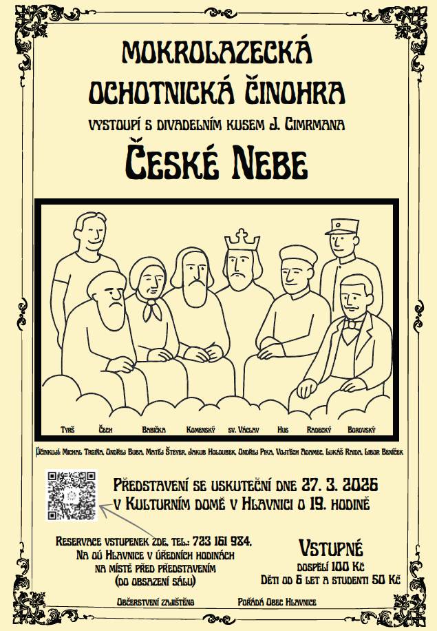 Dobrý den, dovolujeme  si vás pozvat na divadelní představení, které proběhne v kulturním domě v Hlavnici.