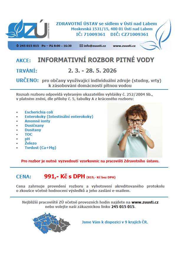 Zdravotní ústav nabízí informativní rozbor vody pro občany využívající individuální zdroje (studny, vrty) k zásobování domácností pitnou vodou. Více informací v přiloženém letáku.