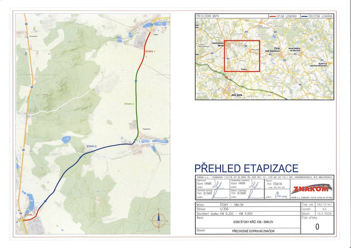 Z důvodu rekonstrukce povrchu vozovky bude ve dnech 16.3.2026 - 37.7.2026 probíhat úplná uzavírka silnice II/350 v úseku Smilov - Štoky. Uzavírka proběhne ve 3 etapách a dotkne se i veřejné linkové dopravy autobusu - sledujte proto změnu v jízdním řádu (např. na www.idos.cz).
