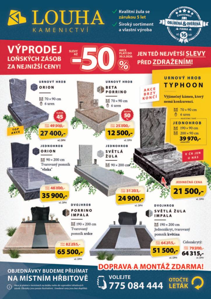 Louha kamenictví s.r.o. přijede 06.03.2026 a 20.03.2026 (pátek) na hřbitov v Novém Rychnově.  Hlavní vchod hřbitova od 08:00 - 08:20 (čas je orientační).  Více info viz. přiložený leták.