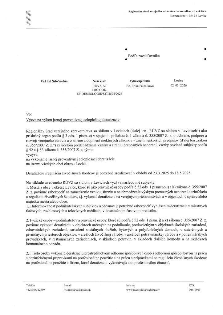 Výzva na výkon jarnej preventívnej celoplošnej deratizácie