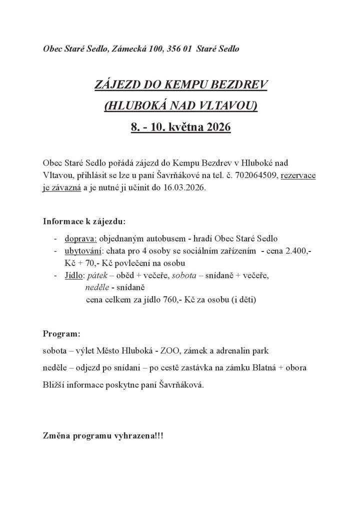 Zájezd do Kempu Bezdrev  8. - 10. května 2026