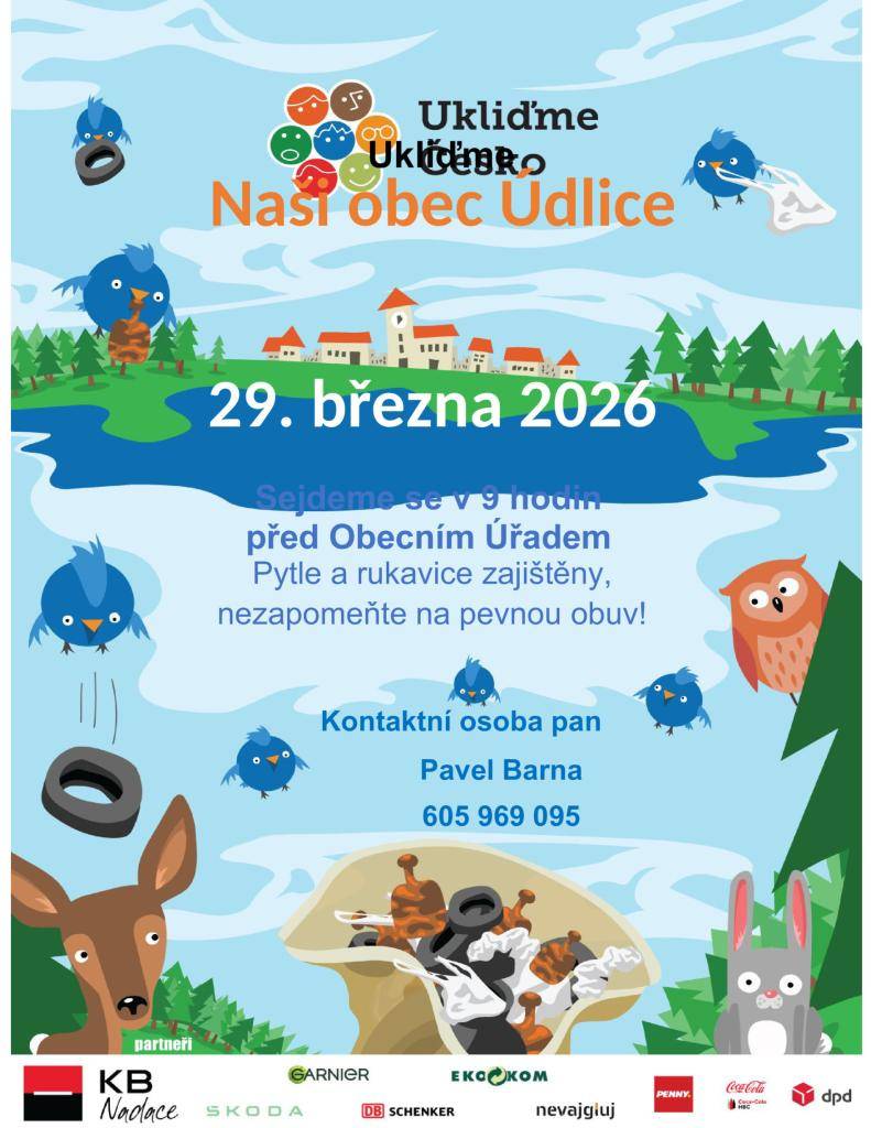 Zveme všechny občany na úklid obce Údlice a okolí v celorepublikové akci Ukliďme Česko. Akce se koná dne   29. 3. 2026 od 9:00 sraz před OÚ Údlice. Vedoucím celé akce, je pan Pavel Barna