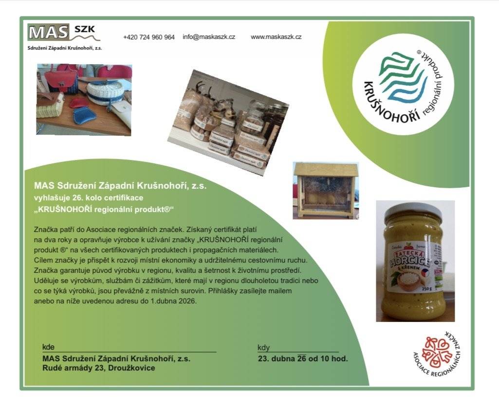 📣 Výzva pro místní výrobce, podnikatele i tvůrce zážitků! MAS Sdružení Západní Krušnohoří vyhlašuje 26. kolo certifikace regionální značky 🟢 „KRUŠNOHOŘÍ regionální produkt®“. Certifikace je určena pro nové žadatele i stávající držitele značky – a to pro výrobky, služby i zážitky, které mají vztah k našemu regionu. 📍 Kde: Rudé armády 23, Droužkovice (1. patro – zasedací místnost MAS) 🗓 Kdy: 23. dubna od 10:00 hodin Značka podporuje místní ekonomiku, tradiční výrobu a garantuje původ v regionu. Pokud ve svém okolí víte o někom, kdo by si certifikaci zasloužil, předejte mu tuto informaci. 😊 Více informací na: www.maskaszk.cz