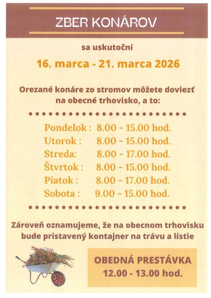 Zber konárov na obecnom trhovisku  sa uskutoční v termíne od 16. do 21. marca 2026.