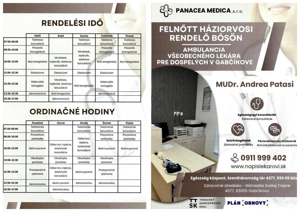 Ambulancia všeobecného lekára pre dospelých v Gabčíkove - Felnőtt háziorvosi rendelő Bősö