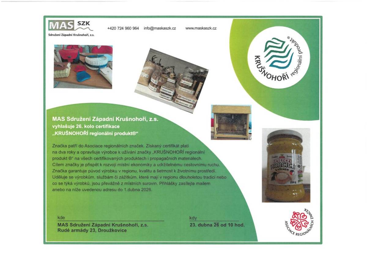 MAS Sdružení Západní Krušnohoří, z. s. vyhlašuje 26. kolo certifikace "KRUŠNOHOŘÍ regionální produkt"