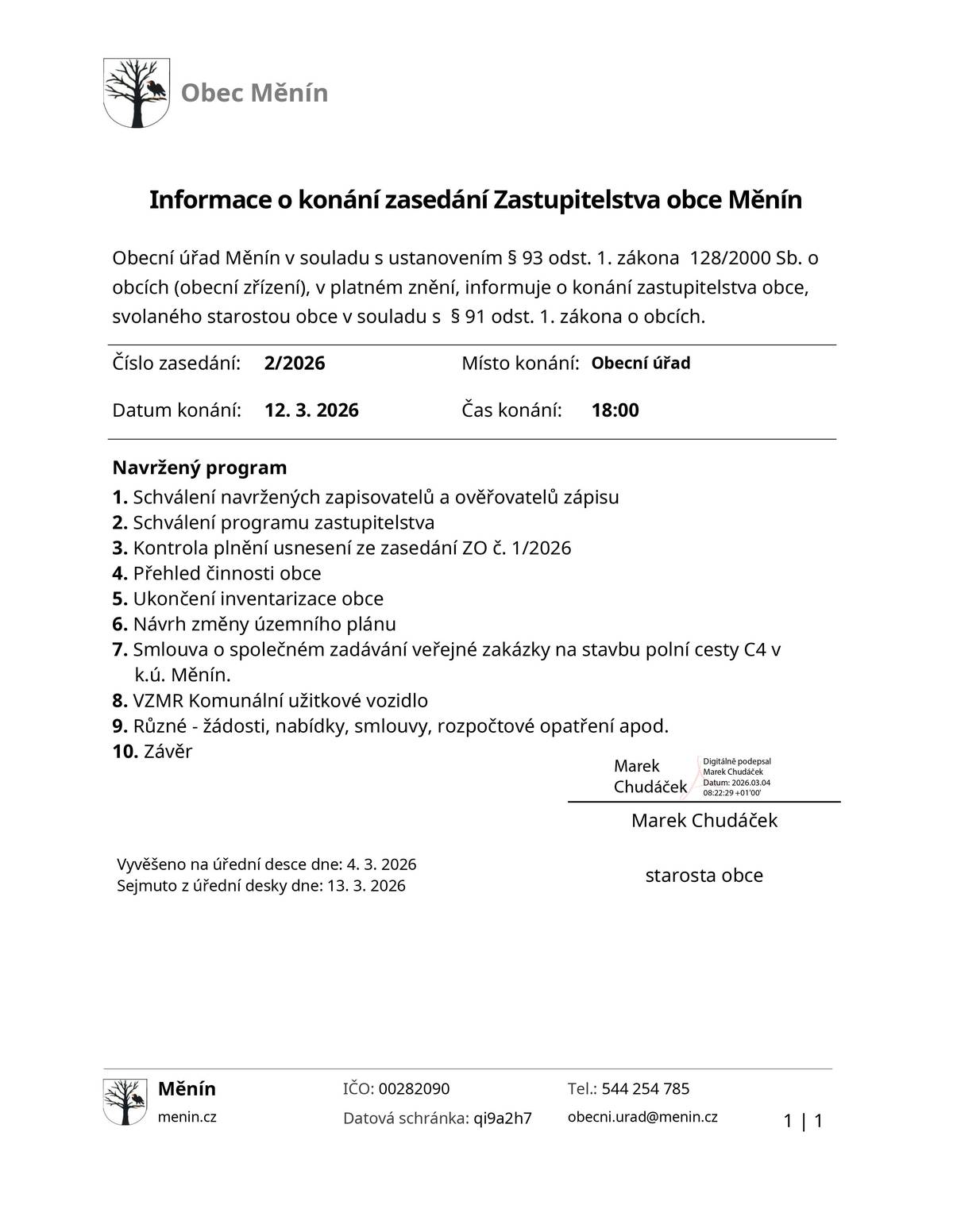 Zasedání Zastupitelstva obce Měnín bude ve čtvrtek 12. března 2026 v 18:00 na radnici.