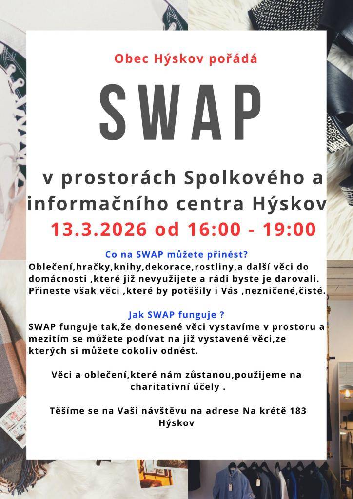 Obec Hýskov pořádá SWAP 13.3.2026 od 16:00 do 19:00 hod v prostorách Spolkového a informačního centra Hýskov