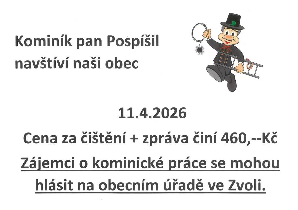 Kominík pan Pospíšil navštíví naši obce 11.4.2026