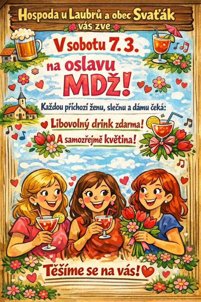 Milé ženy, dívky, slečny zveme Vás na sobotní oslavu MDŽ.