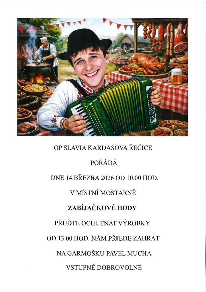 OP SLAVIA Kardašova Řečice - zabijačkové hody 14. března 2026 od 10:00 hodi