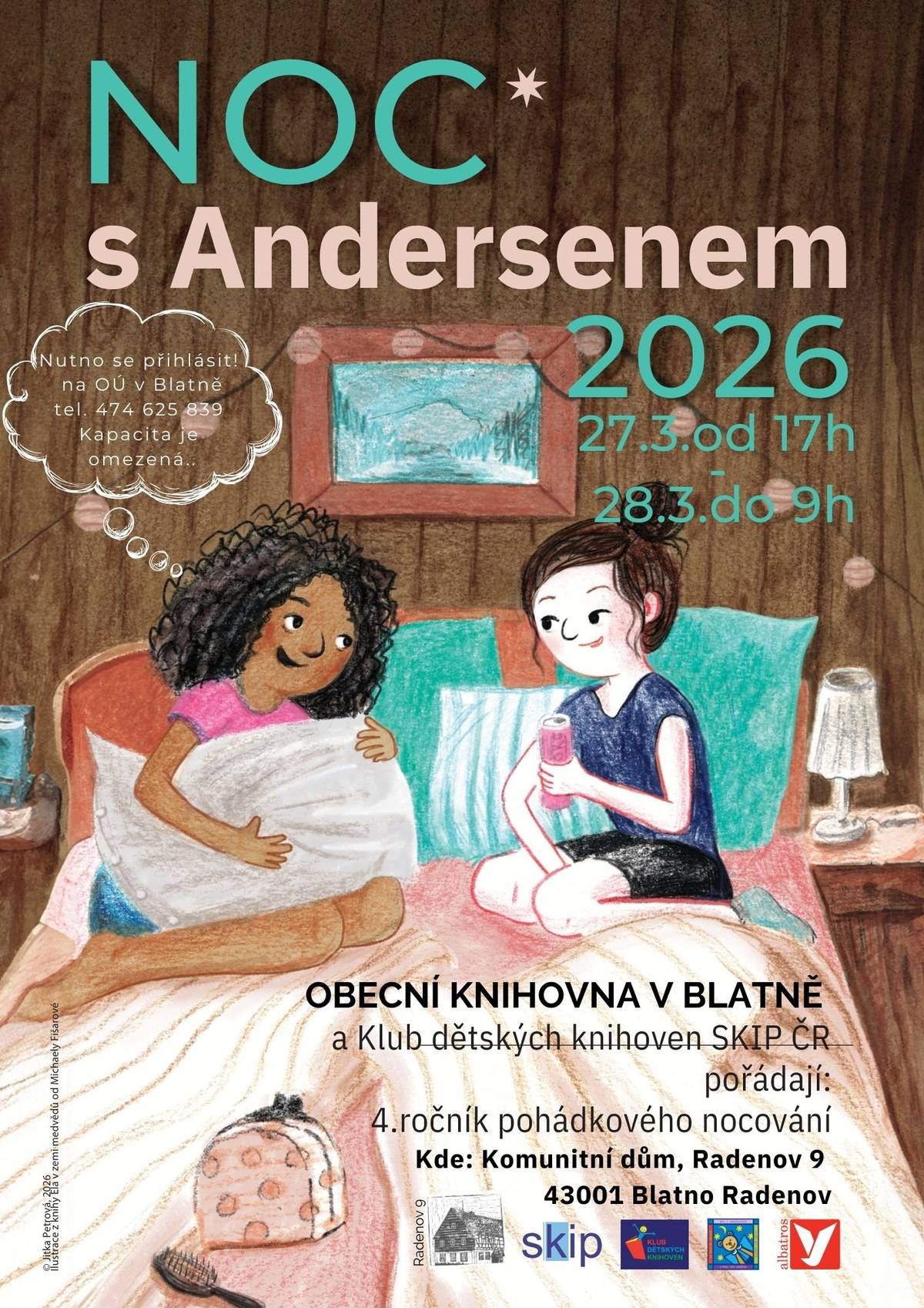 Po roce se zase těšíme na vaše děťátka a vy jistě na noc bez nich. Letos se naše nocování uskuteční v Komunitním domě v Radenově, kde si je vyzvednete v sobotu ráno v devět a rovnou společně půjdeme uklízet na akci Ukliďme Blatensko. Pak si za odměnu dáme společný oběd - špekáčky na ohni. Těšíme se na vás. Vaše Blatno.