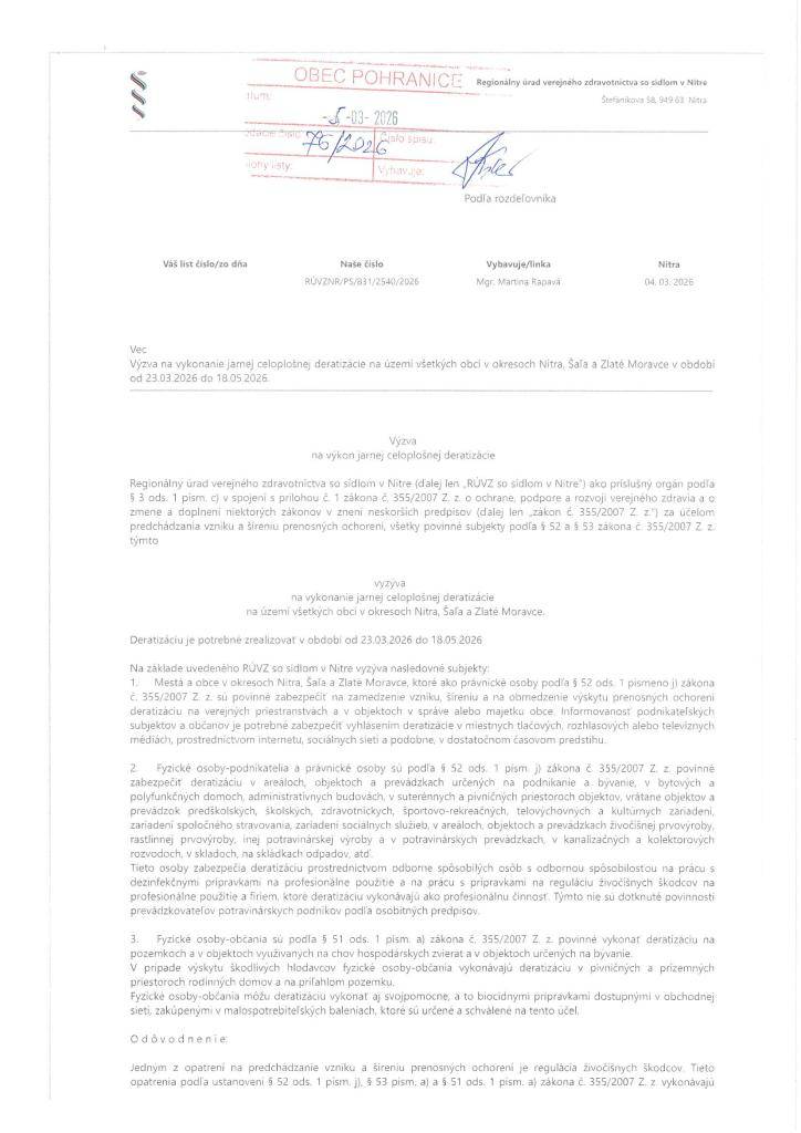 Výzva na vykonanie jarnej celoplošnej deratizácie.  Felhívás a tavaszi, településszintű deratizáció végrehajtására.