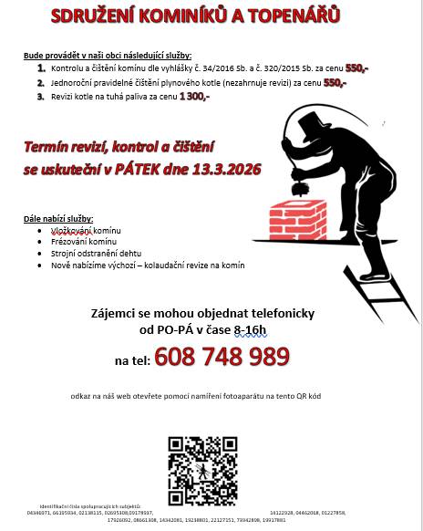 V pátek 13.3.2026 - budou provádět v naší obci revize kotlů a čištění komínů.