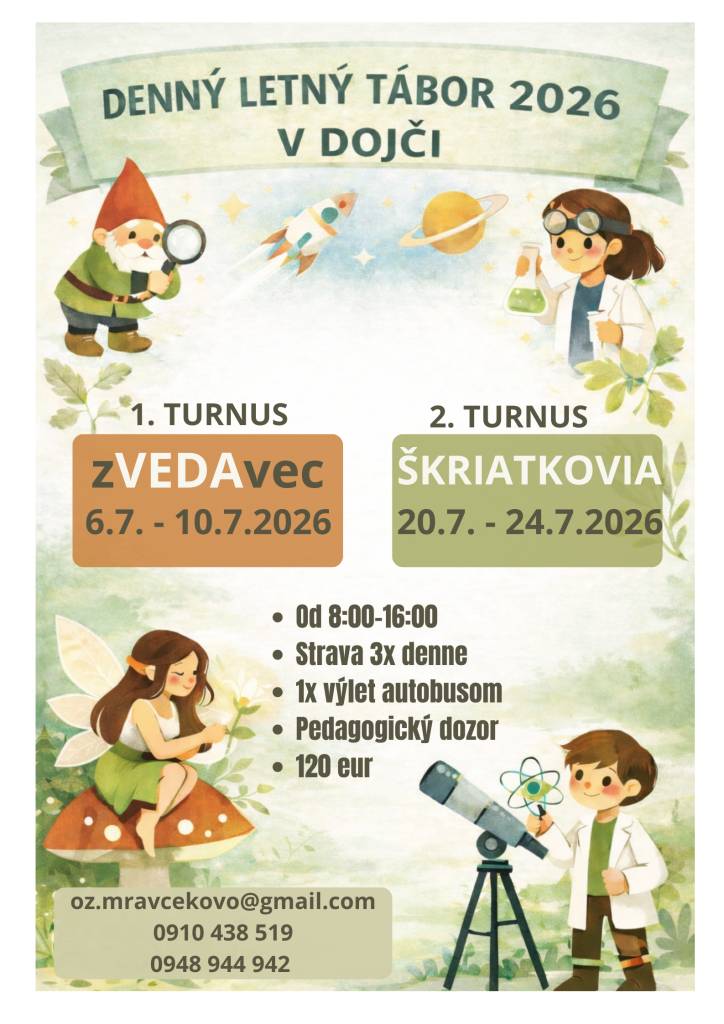 Občianske združenie Mravčekovo aj v lete 2026 pripravilo denné tábory pre deti.  1. turnus 6.7. - 10.7.2026  2. turnus 20.7. - 24.7.2026