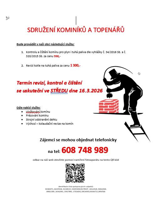 Termín revizí, kontrol a čištění   se uskuteční v Trnávce ve STŘEDU dne 16.3.2026