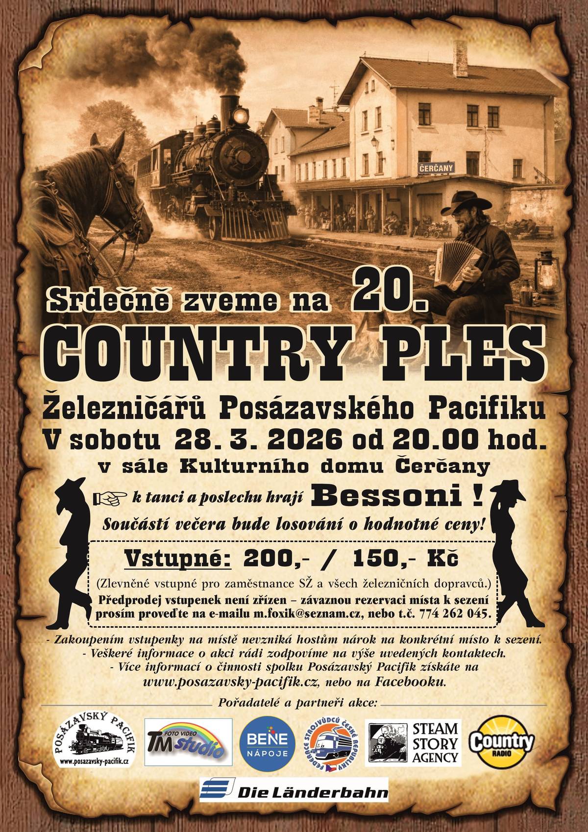 Posázavský Pacifik i všichni čerčanští železničáři vás srdečně zvou  na 20. Country ples Železničářů Posázavského Pacifiku🚂🚉, který se uskuteční dne 28. 3. 2026 v prostorách sálu KD Čerčany💃🕺!