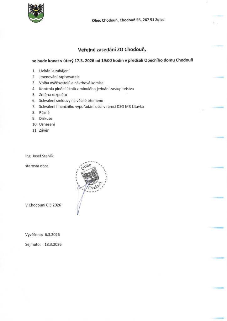 Veřejné zasedání ZO Chodouň