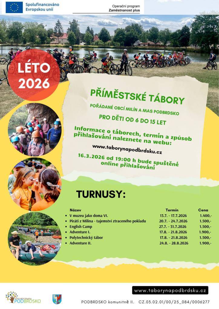 Na webu táborů (link níže) se spustí online přihlašování   od pondělí 16.3.2026 od 19:00 h. V nabídce je několik turnusů v rámci MAS Podbrdsko.