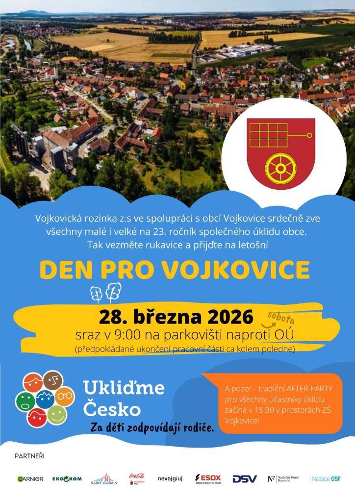Vojkovická rozinka z.s. ve spolupráci s Obcí Vojkovice srdečně zve všechny malé i velké na 23. ročník společného úklidu obce. Tak vezměte rukavice a přijďte na letošní DEN PRO VOJKOVICE 28. března 2026. Sraz v 9:00 hod. na parkovišti před OÚ.