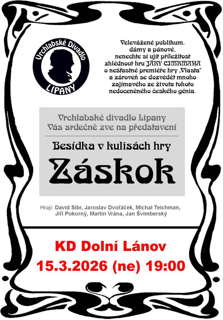 Kulturní Dům Dolní Lánov 15.3.2026 ožije divadelním představením Záskok v podání Vrchlabského Divadla Lipany. Přijďte shlédnout tuto hru s námi :)