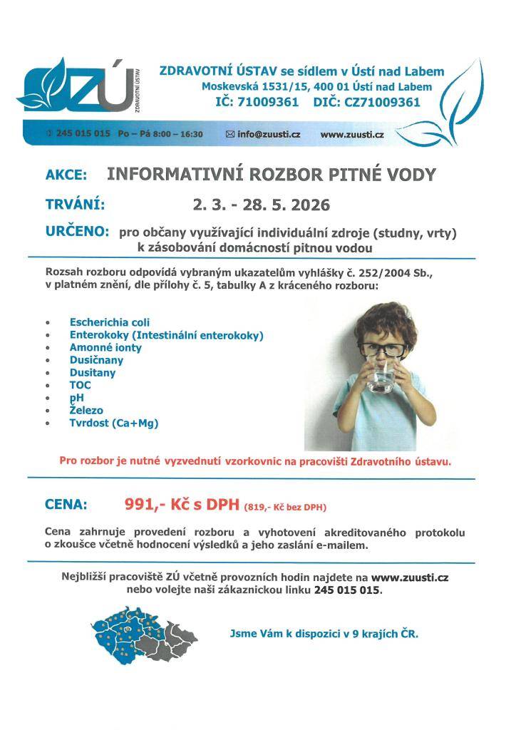 Zdravotní ústav v Ústí nad Labem nabízí od 2. března do 28. května 2026 možnost provést informativní rozbor pitné vody. Akce je určena pro občany, kteří čerpají vodu z individuálních zdrojů, jako jsou studny a vrty.
