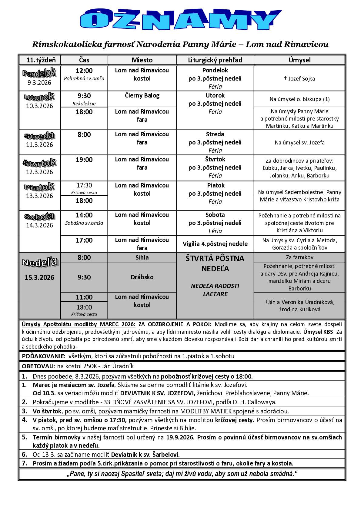 Farské oznamy 11. týždeň