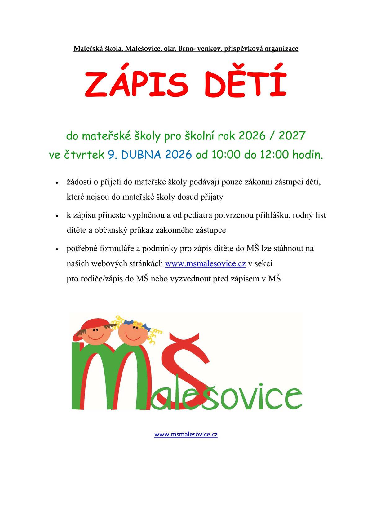 Bude probíhat ve čtvrtek 9. DUBNA 2026 od 10:00 do 12:00 hodin.