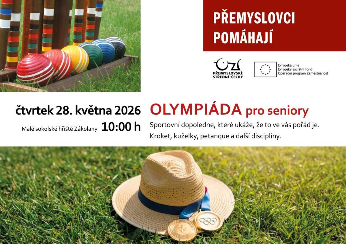 Olympiáda pro seniory se koná 28. května 2026 od 10:00 na malém sokolském hřišti v Zákolanech. Tato sportovní akce představí různé disciplíny, jako jsou kroket, kuželky a petangue, a ukáže, že aktivní život je možný i v pokročilejším věku. Srdečně zveme všechny seniory k účasti.