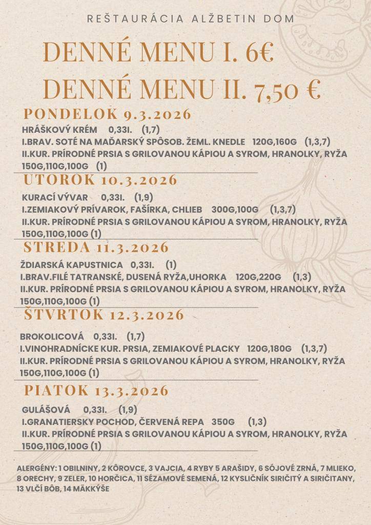 Jedálny lístok 9.3.-13.3.2026