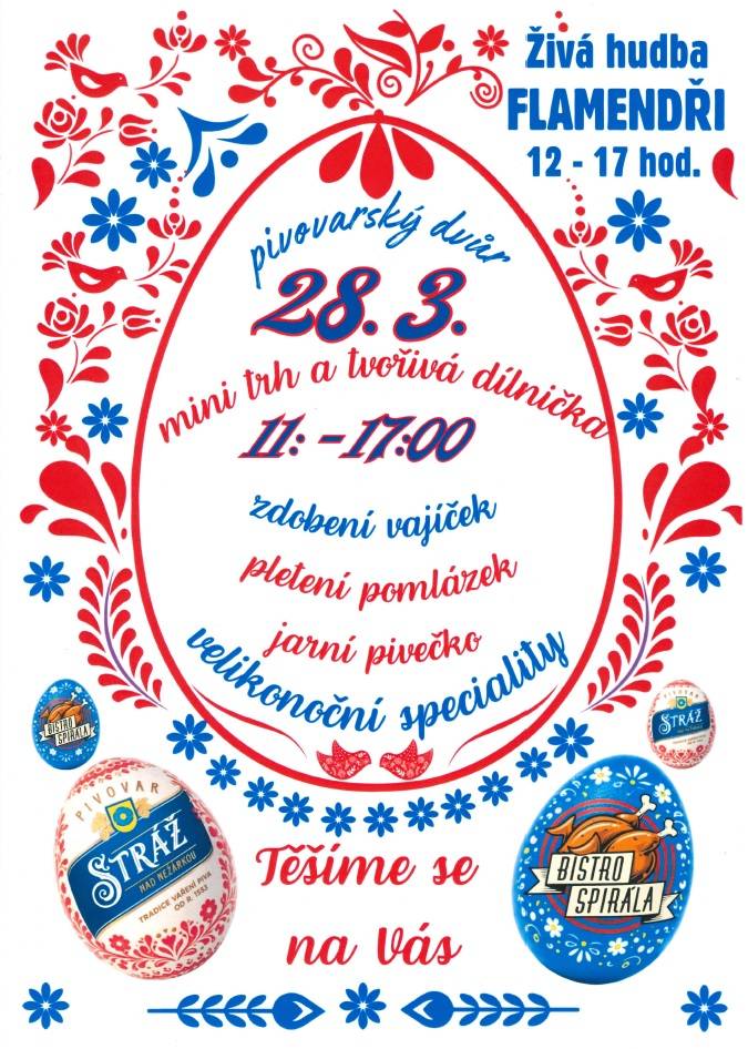 V sobotu 28.03.2026 se bude konat Velikonoční minitrh s tvořivou dílničkou. Zahraje i živá hudba a budou i velikonoční speciality.