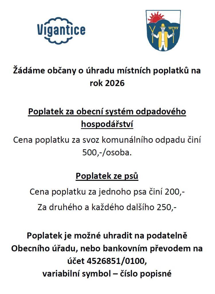 Obecní úřad vyzývá všechny občany k úhradě místních poplatků na rok 2026. Poplatek za obecní systém odpadového hospodářství činí 500 Kč na osobu. Dále platí poplatek za psy, kde cena za jednoho psa je 200 Kč a za druhého a každého dalšího 250 Kč. Platbu je možné provést buď na podatelně Obecního úřa