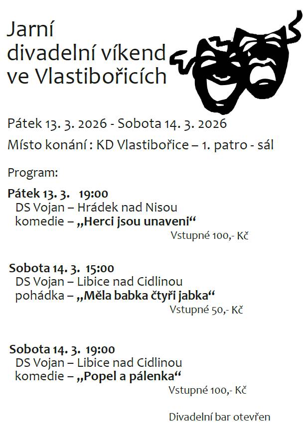 Obec Vlastibořice Vás srdečně zve na Jarní divadelní víkend.